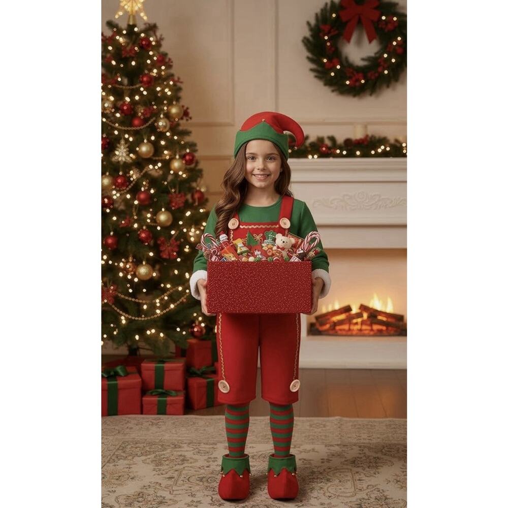 Kids Christmas Elf Costume Set 7-8 Years Red Green Hat Shoes Socks - Picture 2 of 9